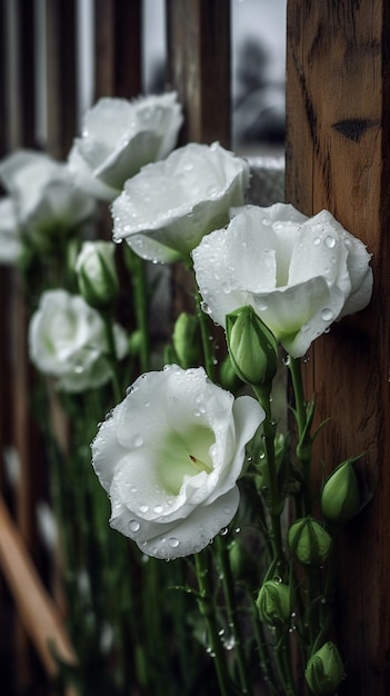 A close up of white flowers with green leaves on a wooden surface