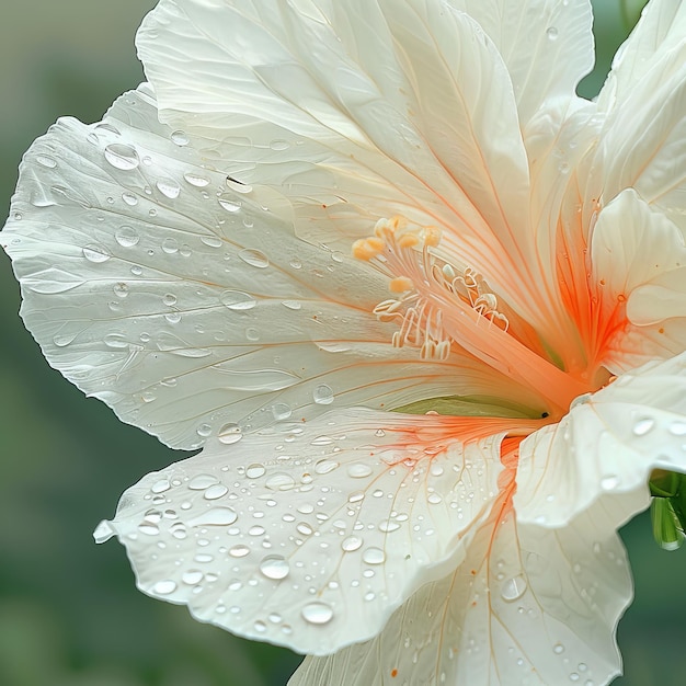 a close up of a white hibiscus flower with water drops