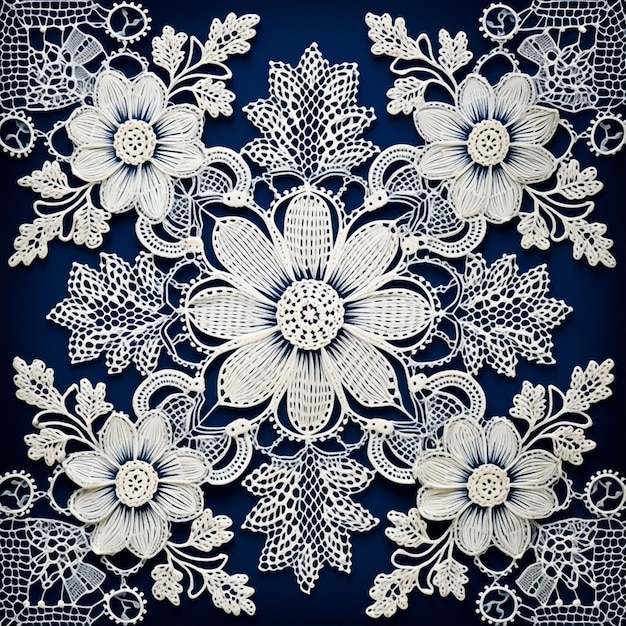 a close up of a white lace with flowers on a blue background generative ai