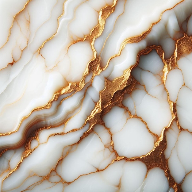 a close up of a white marble with gold and brown stripes