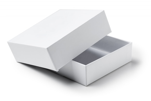 Close up white open cardboard gift box on white isolated