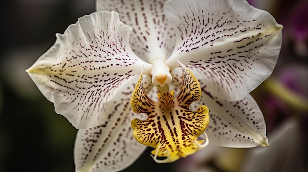 A close up of a white orchid with yellow and brown spots