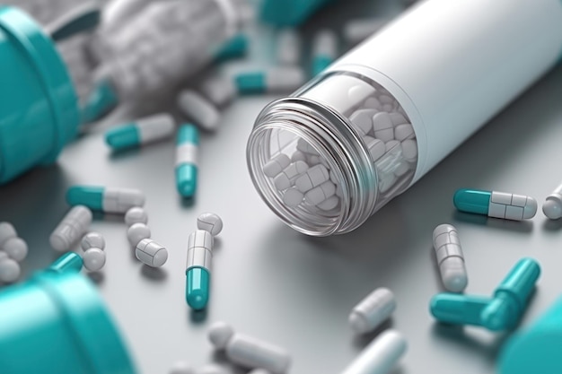 Close up of a white pill bottles with spilled out pills and capsules conceptual medical concept