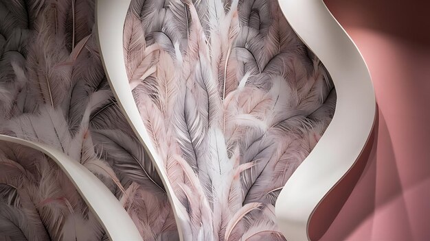 Photo a close up of a white and pink wallpaper with a pattern of feathers in shades of grey pink and white