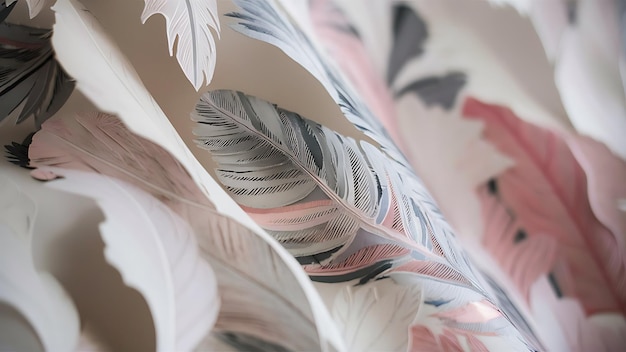 Photo a close up of a white and pink wallpaper with a pattern of feathers in shades of grey pink and white