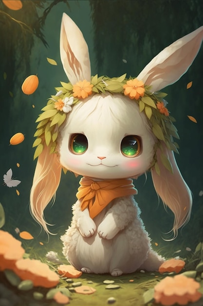 Close up of white rabbit in forest with leaves and flowers generative ai