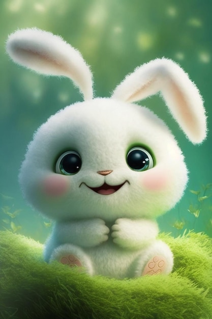 Close up of white rabbit sitting on green grass covered ground generative ai