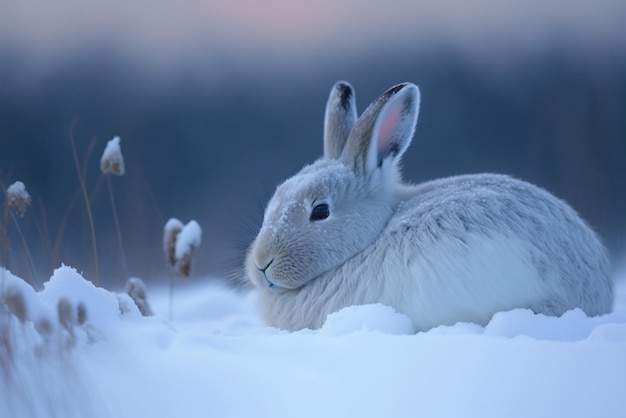 Close up of white rabbit sitting in the snow generative ai