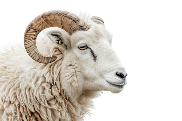 close up of a white ram with horns isolated on white background