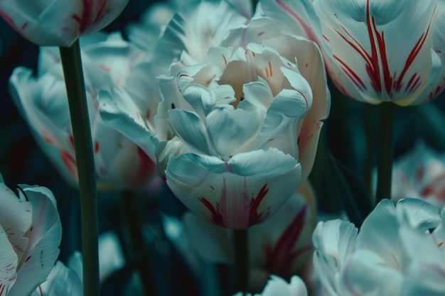 Close Up of White and Red Tulip Flowers in Bloom