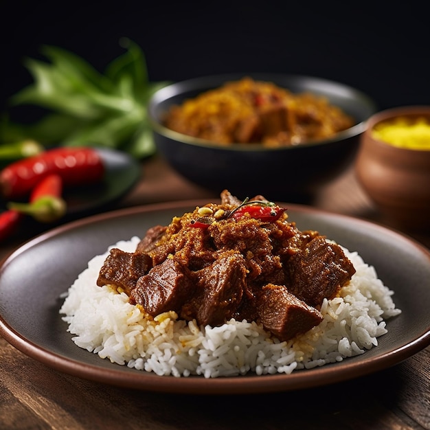 Close up of white rice and beef rendang Generative AI