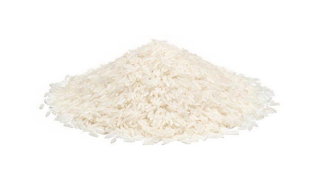 Close up of white rice pile for uncooked rice sample. Stack of long rice grains show Vegetarian, Culture life, Health food, Save environment, Earth day, Rice for life, Natural food ingredient concept.