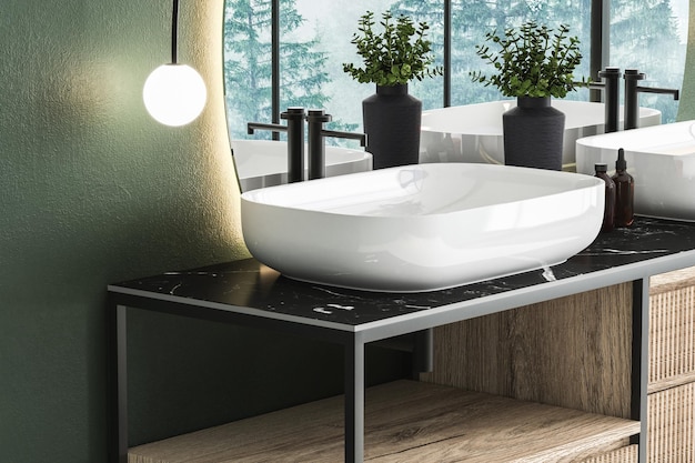 Close up of white sink with oval mirror hanging on dark green wall, empty rack, modern cabinet