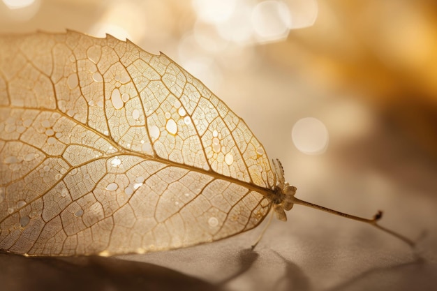 Close up white skeletonized leaf on golden background with round bokeh Generative AI illustration