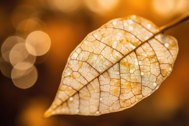 Close up white skeletonized leaf on golden background with round bokeh Generative AI