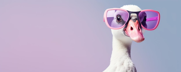 Close up of a white swan wearing pink sunglasses on blue background