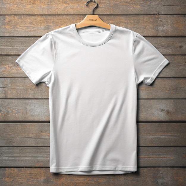 A close up of a white t shirt hanging on a wooden wall generative ai