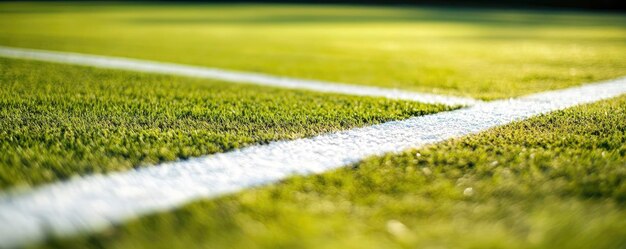 Photo close up of white tennis court lines on green grass