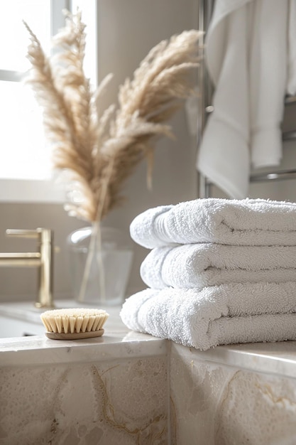 Photo close up of white towels in bathroom generated by ai