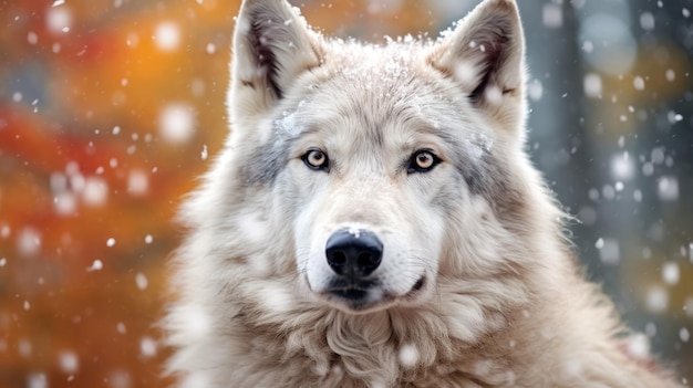 close up white wolf with snowfall background