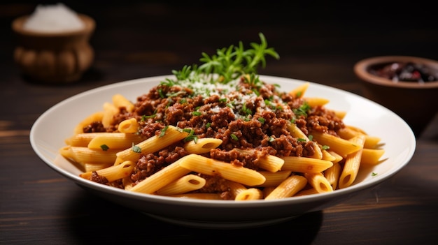 Close up of whole wheat penne pasta bolognese topped with shredded parmesan and basil in a white plate on wooden table Carbohydrates calories food nutrition Popular italian food