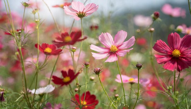 Photo close up wild cosmos flowers in bloom pastel color's pink red flowers of cosmos are flutter