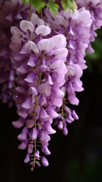 A close up of a wisteria flower hanging from a tree