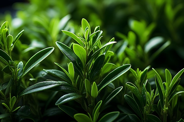 a close up with green leaves of rosemary