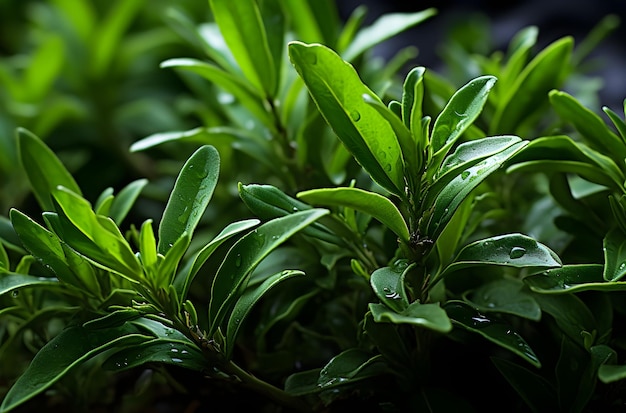 a close up with green leaves of rosemary