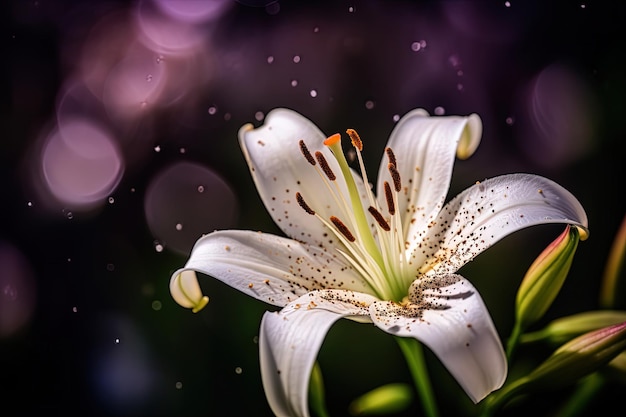 Close up with lily flower with water drops and blurred colorful background