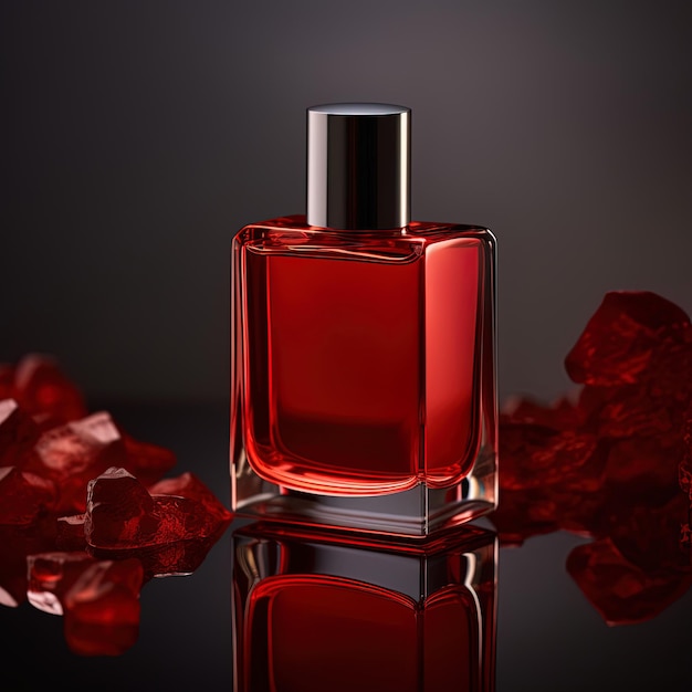 Close up with mockup of perfume bottle and crystals in red color and dark gradient background