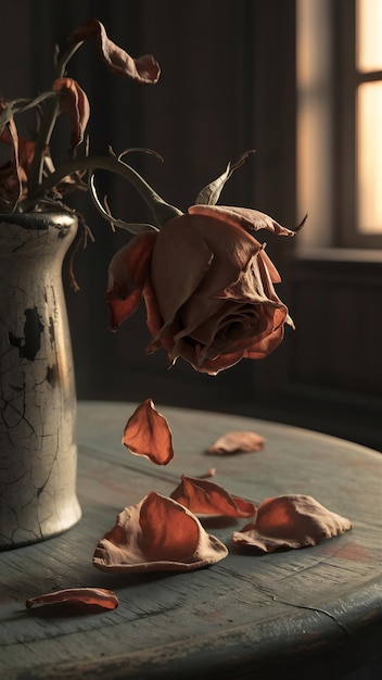 Photo close up of withered dry rose and leaves falling from vase on wooden table