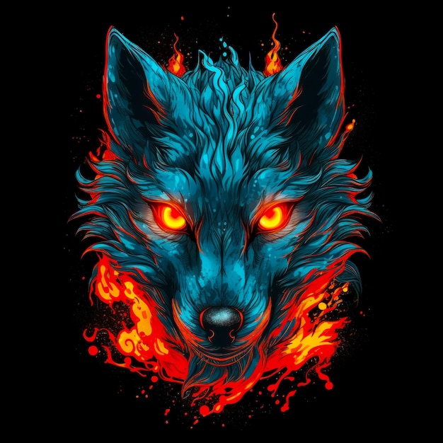 Close up of wolf's face with red and blue flames Generative AI