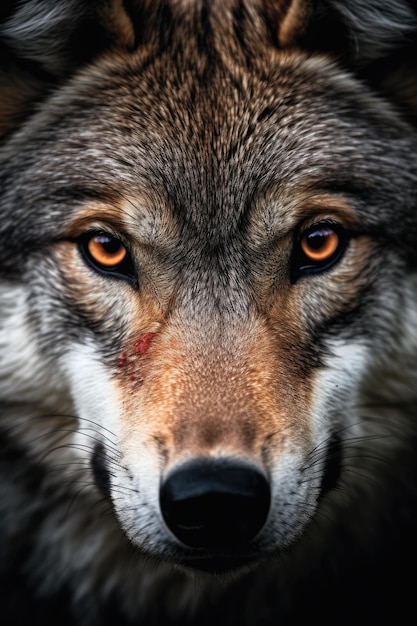 a close up of a wolf's face