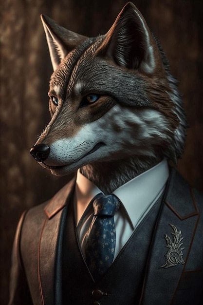 Close up of a wolf wearing a suit and tie generative ai