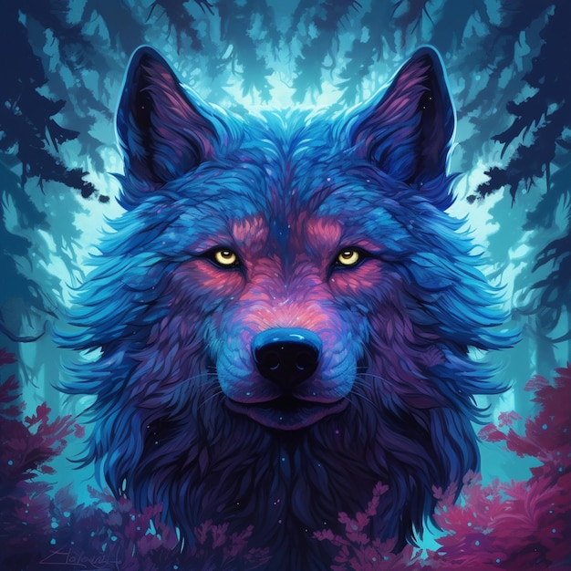 a close up of a wolf with a blue background and trees generative ai