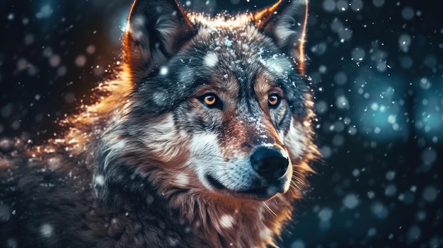 close up wolf with snowfall background