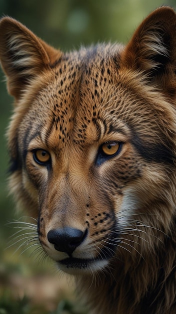 close up of a wolf with a yellow eyes in nature