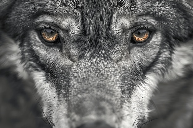 Photo a close up of a wolfs face with brown eyes