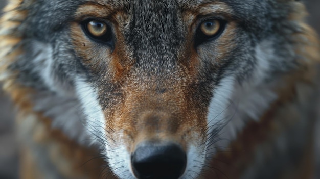 Photo a close up of a wolfs face the wolf is looking at the camera with its yellow eyes its fur is brown and gray