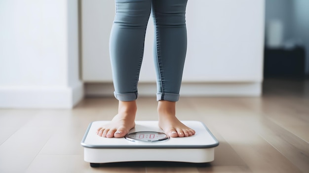 Close up of woman bare feet standing on digital electronic weight scale at home Diet and overweight concept