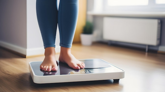 Close up of woman bare feet standing on digital electronic weight scale at home Diet and overweight concept