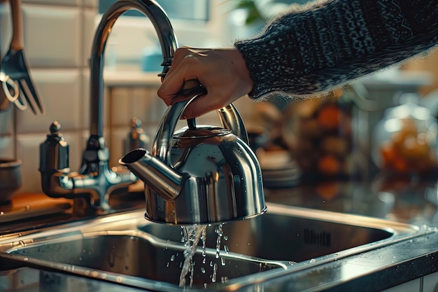 Close Up Of Woman Carefully Filling Kettle From Tap And Saving Water