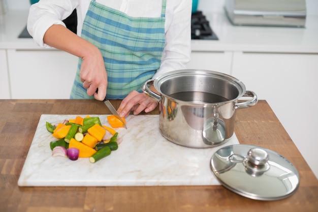 Close up on woman chopping vegetables