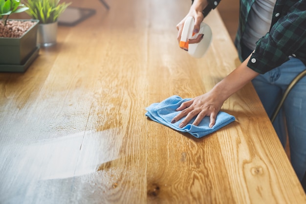 Close up woman cleaning kitchen using cleanser spray and cloth.