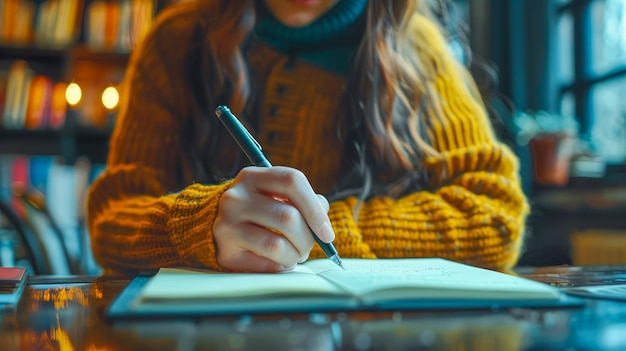 Close up of Woman in Cozy Sweater Writing Thoughts in Notebook at Wooden Table in Ambient Cafe