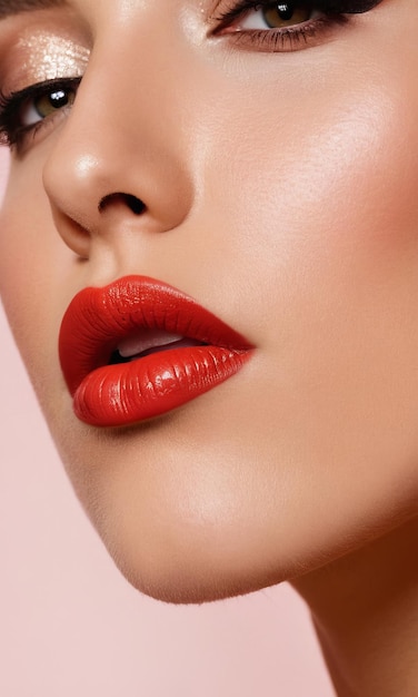 Close up of a woman face bright red lipstick lips perfect makeup glossy red lips beauty and seductiveness concept of makeup and cosmetic themes skin care