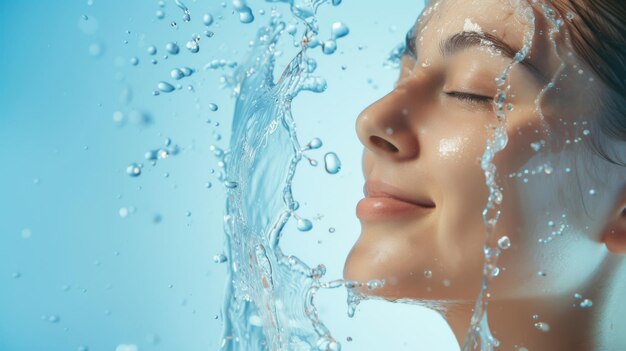 Photo close up of woman face enjoying refreshing splash of water highlighting clear skin and hydration