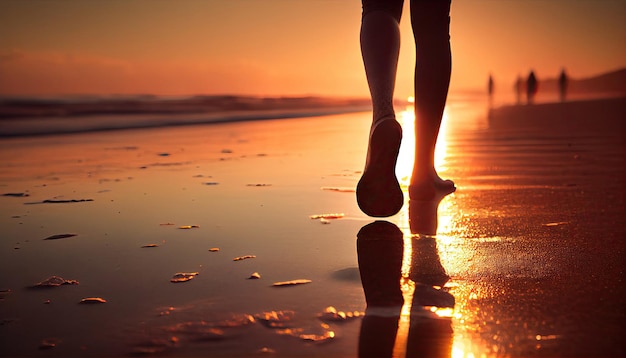 Close up of woman feet walking on the beach at sunset with Generative AI Technology