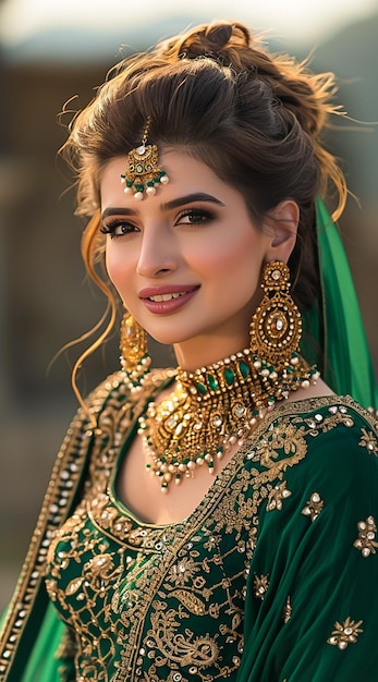 A close up of a woman in a green dress with a green veil